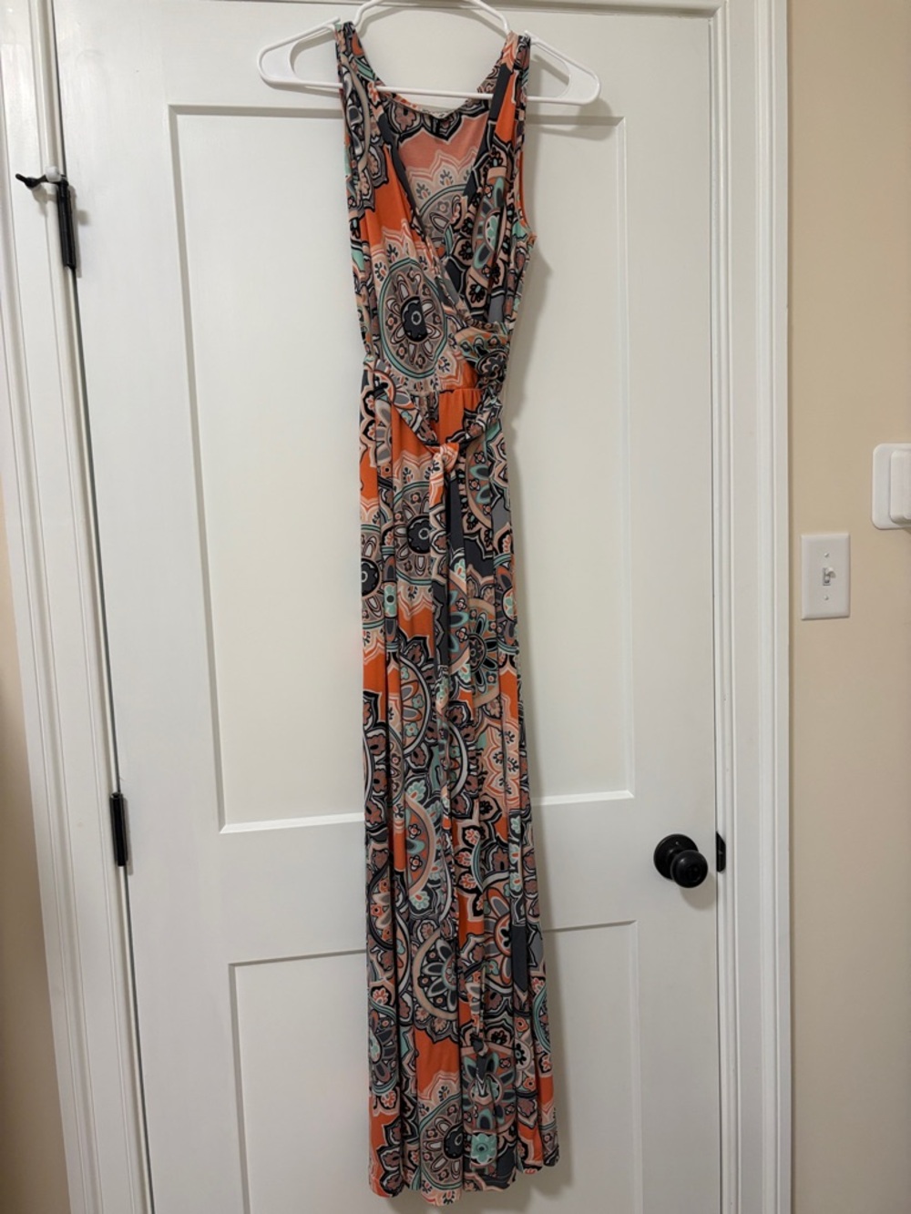 Sleeveless Orange Paisley Maxi Dress with Waist Tie